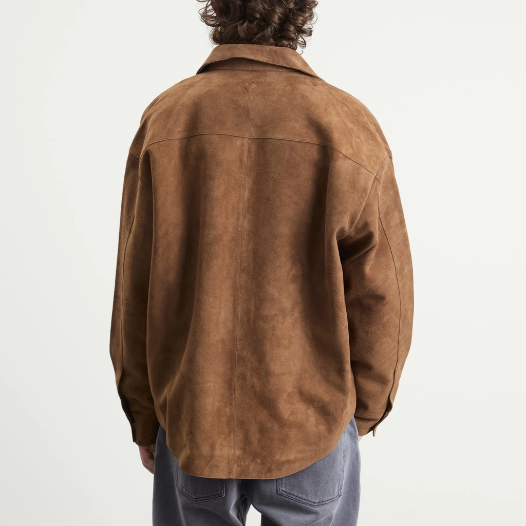AMI Paris Men's Goat Suede Leather Shirt Jacket Noisette